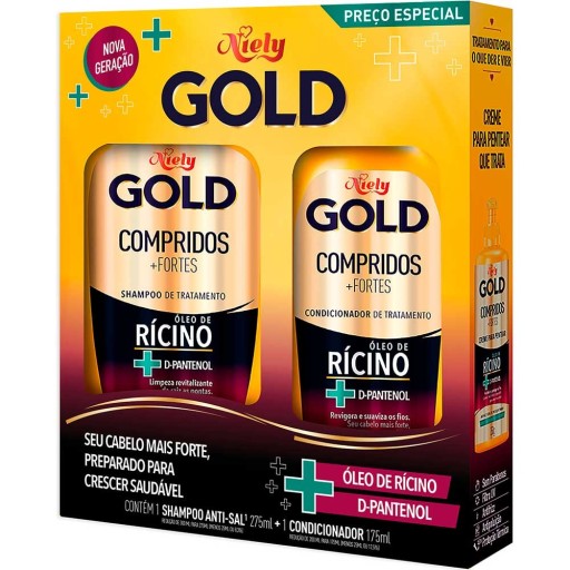 Embalagem kit Niely Gold Compridos + Fortes shampoo e condicionador